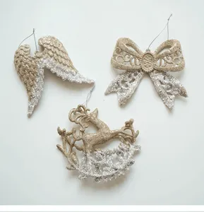 Champagne glitter Christmas tree hanging ornaments, angel wings bow deer decor set.