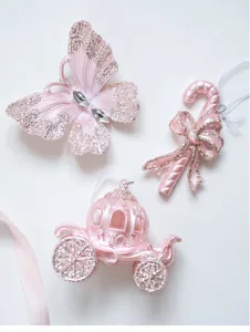 Pink glitter Christmas ornaments set, cute acrylic butterfly candy cane carriage hanging decor.