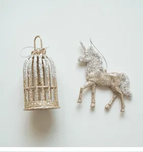Champagne glitter Christmas tree ornaments, birdcage and unicorn pendant for holiday decor.