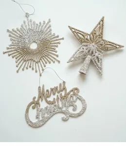 Champagne gold and silver glitter Christmas tree ornament set, festive hanging decor items.