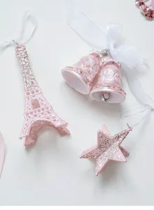 Pink glitter acrylic Christmas tree hanging ornaments, cute holiday decor set for festive party.