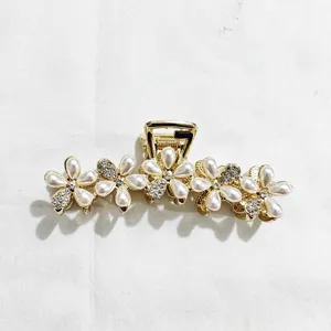 Gold metal hair claw clip with pearl flower rhinestones large hair accessory for women styling