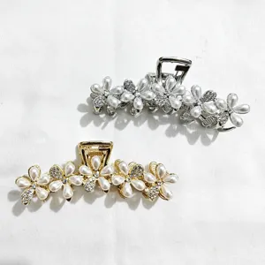 Pearl crystal flower hair claw large metal shark clip for thick hair beautiful styling detail shot