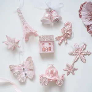 Pink Glitter Christmas Ornaments Girly Fairy Tale Hanging Tree Decoration Snowflake Butterfly House Star Unicorn Pendant Festive Party Supplies