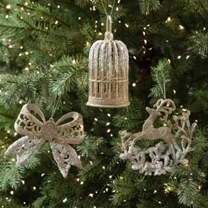Champagne Gold Glitter Christmas Tree Hanging Ornaments Star Bow Reindeer Unicorn Merry Christmas Letter Plate Hollow Out PC Plastic Holiday Party Decoration Pendant