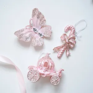 Pink glitter Christmas tree hanging ornaments set, cute butterfly candy cane carriage decor.