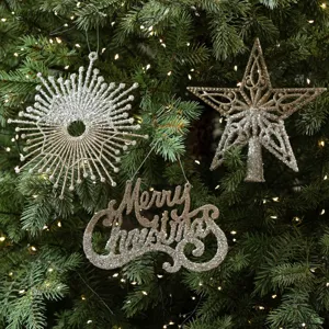 Champagne glitter Christmas tree ornaments set including star, snowflake and script.