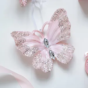 Pink glitter butterfly Christmas tree hanging ornament girlish holiday party decor main view