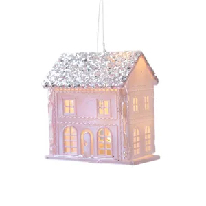 Pink glitter acrylic Christmas house hanging ornament for holiday tree decoration and festive vibe.