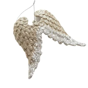 Sparkling champagne and silver glitter angel wings Christmas tree hanging ornament decor.
