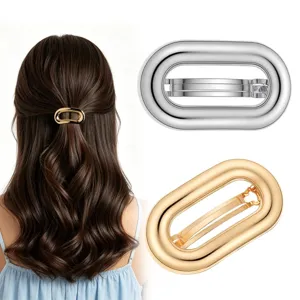 Fermaglio per capelli ovale minimalista in metallo dorato e argentato, elegante accessorio per capelli.