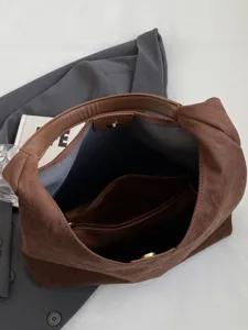 Retro casual grote capaciteit suède schouder tote tas voor vrouwen bruine handtas