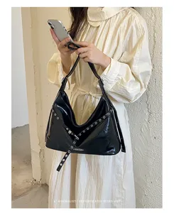 Korean style black PU leather hobo shoulder bag retro punk rivet motorcycle bag women