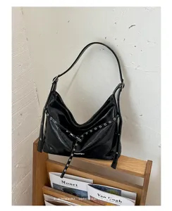 Black PU leather motorcycle shoulder bag with grommets, retro edgy daily style handbag.
