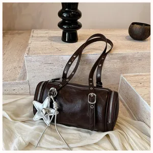 Vintage Motorrad Stil Ölleder Zylinder Kissen Tasche, Retro Y2K Schulter Boston Handtasche.