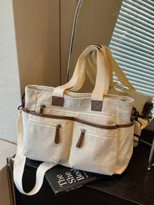 Dames Fluweel Multi-Pocket Tote Tas Grote Capaciteit Casual Schoudertas Crossbody Tas Voor School Dagelijks Winkelen Reizen Handtas