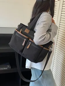 Zwarte corduroy shopper met meerdere vakken casual schoudertas met bruine lederen afwerking