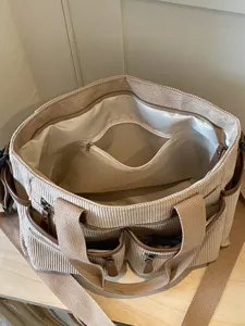 Casual corduroy multi-zak grote capaciteit tote tas, stijlvolle schoudertas.
