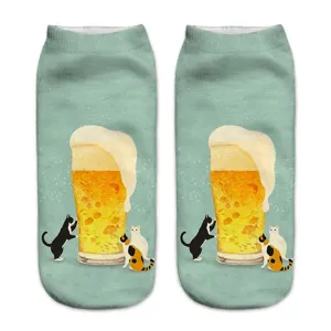 Cute 3D beer and cat print ankle socks, fun cartoon style cotton short socks for daily wear.