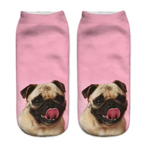 Cute 3D pug dog print short socks for adults, comfortable casual pink low cut socks.