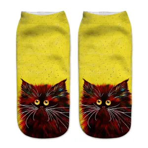 Cute 3D printed cat short socks with oil painting style yellow background for women.