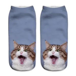 Cute 3D cat print short socks for women, funny animal design novelty ankle socks.