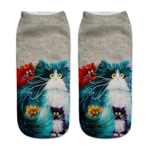 Close-up detail of oil painting cat print short socks, artistic 3D pattern textile.