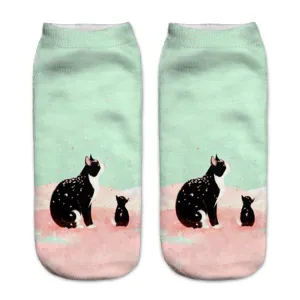 Cute cat print low cut ankle socks for women and men, comfortable 3D printed casual socks.