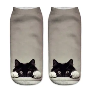 3D Cute Cat Print Low Cut Socks Women Casual Cotton Blend Breathable Ankle Socks