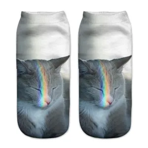 Close-up detail of 3D cat print low socks, soft fabric and vivid rainbow cat pattern.