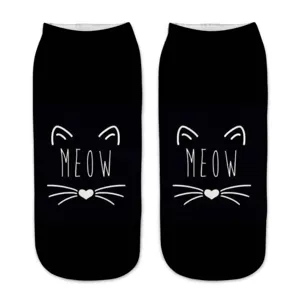 Cute black cat 3D printed ankle socks with funny meow design, soft casual hosiery for women.