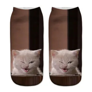 New 3D cat print ankle socks, funny winking kitten pattern, unisex comfortable hosiery.