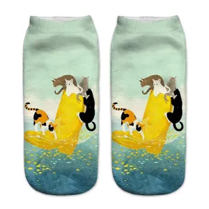 Cute 3D cat printed short socks, artistic ocean seascape pattern, comfortable unisex ankle socks.