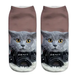Detail shot of cute 3D grey cat with camera print on soft casual low cut women socks.