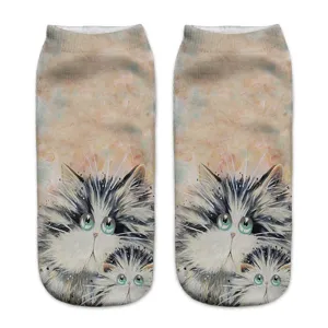 Detailed shot of cute oil painting cat print short socks, showcasing artistic 3D pattern.