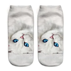 Cute 3D cat print women ankle socks, soft breathable fabric, fun daily casual wear style.