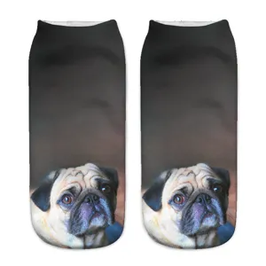 Comfortable 3D printed adult short socks with cute pug dog graphic design for daily casual wear.