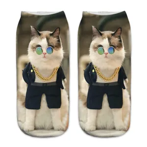 Funny 3D cat print ankle socks for men and women, novelty short boat socks with cool design.