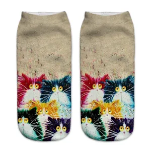 Colorful oil painting cat print short socks, cute 3D cartoon animal ankle socks for women.