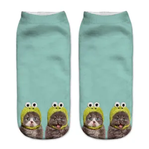 3D cute cat printed short socks, funny cartoon frog hat kitten ankle socks for daily wear.