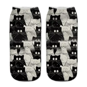 Cute 3D cat print women short socks, funny black and white kitten design, soft daily wear.
