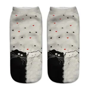 Cute 3D printed black and white cat design low cut ankle socks for women and girls daily wear