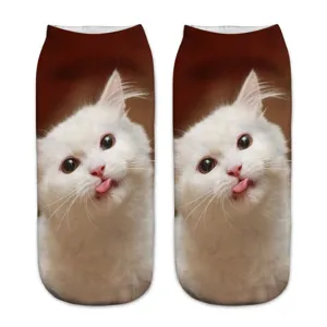Cute 3D cat print low cut socks unisex novelty funny white kitten short ankle socks