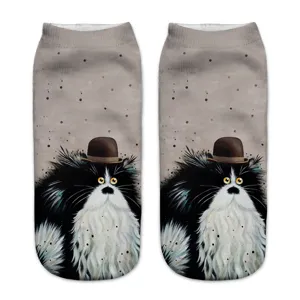 Cute 3D cat print short socks for women, oil painting style funny ankle socks detail view.