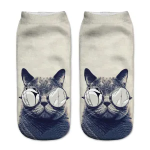 Unisex 3D print short socks featuring a cute cat wearing round sunglasses graphic design.