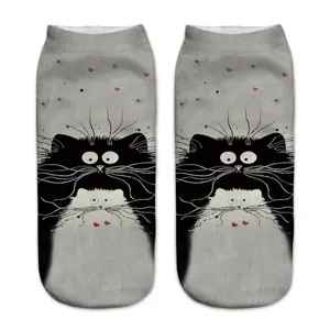 Cute cat print casual ankle socks with 3D whimsical design, soft cotton material for daily wear.