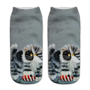 Close-up detail of 3d oil painting fluffy cat print short socks for women comfort wear style.