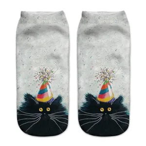 Cute 3d black cat printed short socks for women, watercolor style ankle socks casual.