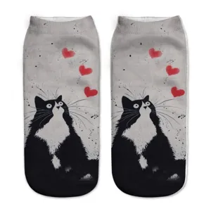 Cute cat print ankle socks 3D digital printed low cut women socks daily casual cotton hosiery
