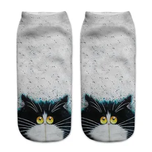 Detailed view of 3d cat print short socks, cute cartoon big eyes pattern, soft fabric comfort.